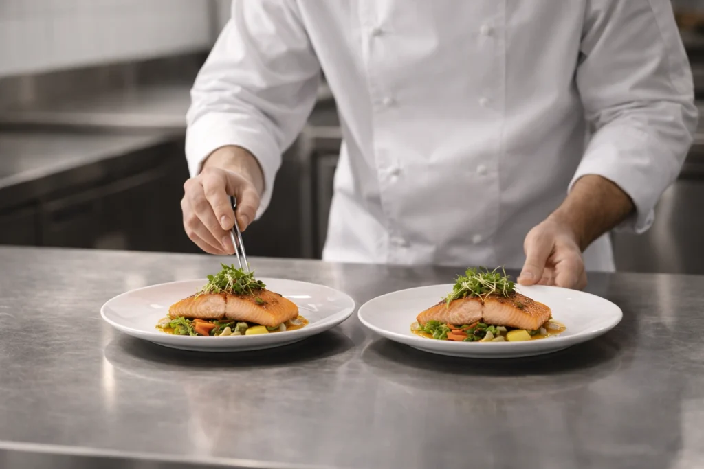 Chef Plating Identical Dishes for Consistency