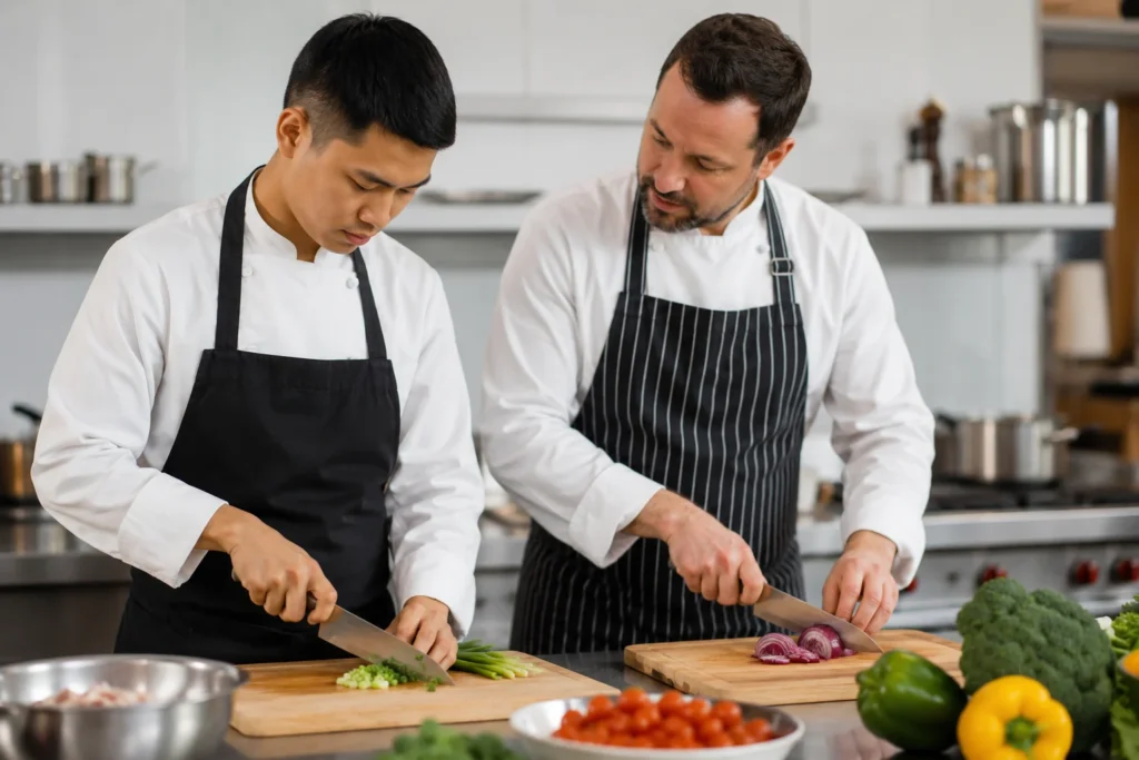 Cooking instructor teaching knife skills in person