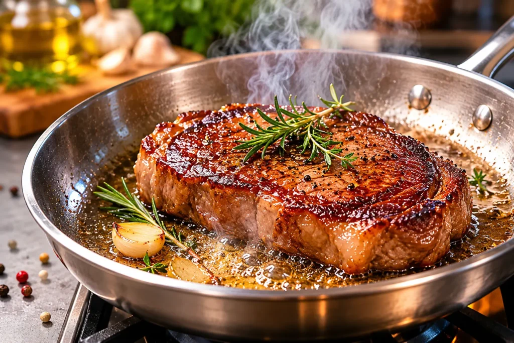 Meat browning in a hot pan