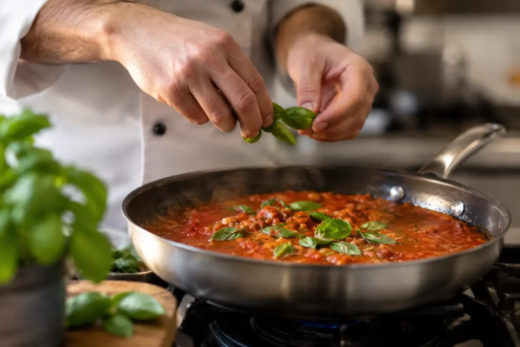 Chef seasoning Italian tomato sauce