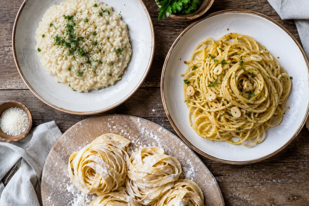 Risotto, aglio e olio, and fresh pasta