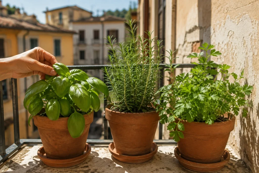 Fresh Italian herbs growing in terracotta pots