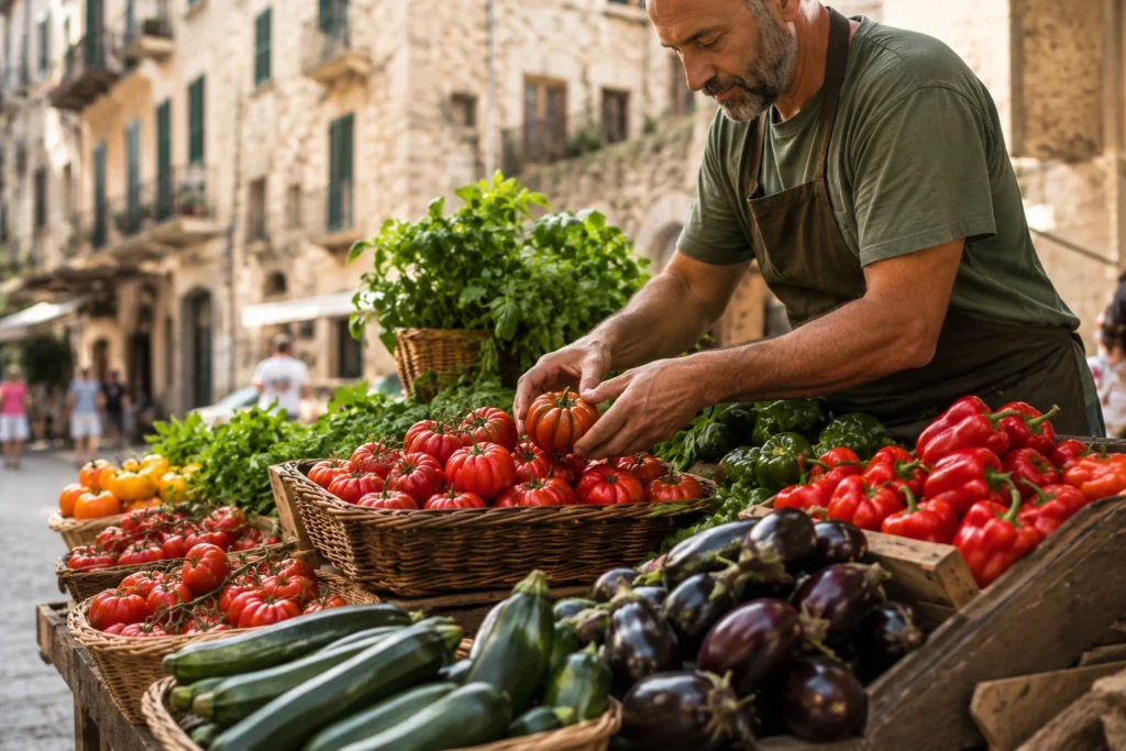 Fresh seasonal vegetables at an Italian farmers market