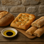 Ciabatta, focaccia, and pane pugliese with olive oil