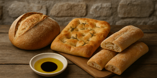 Ciabatta, focaccia, and pane pugliese with olive oil