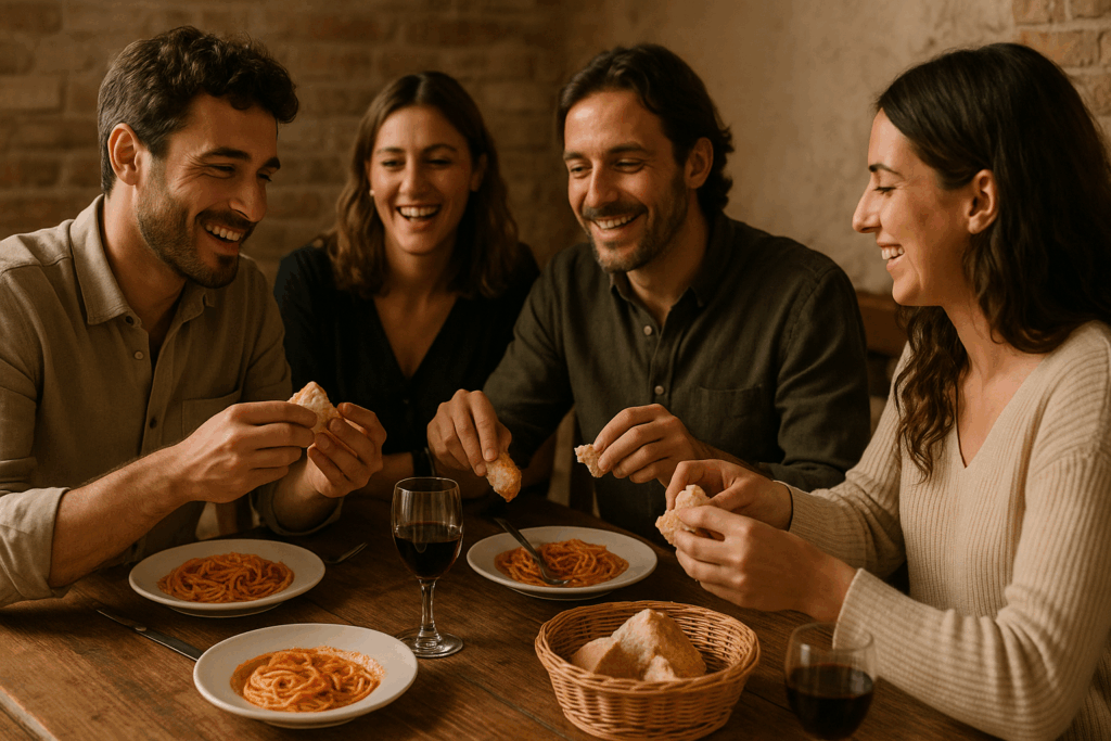 Italians breaking bread at rustic dinner table.