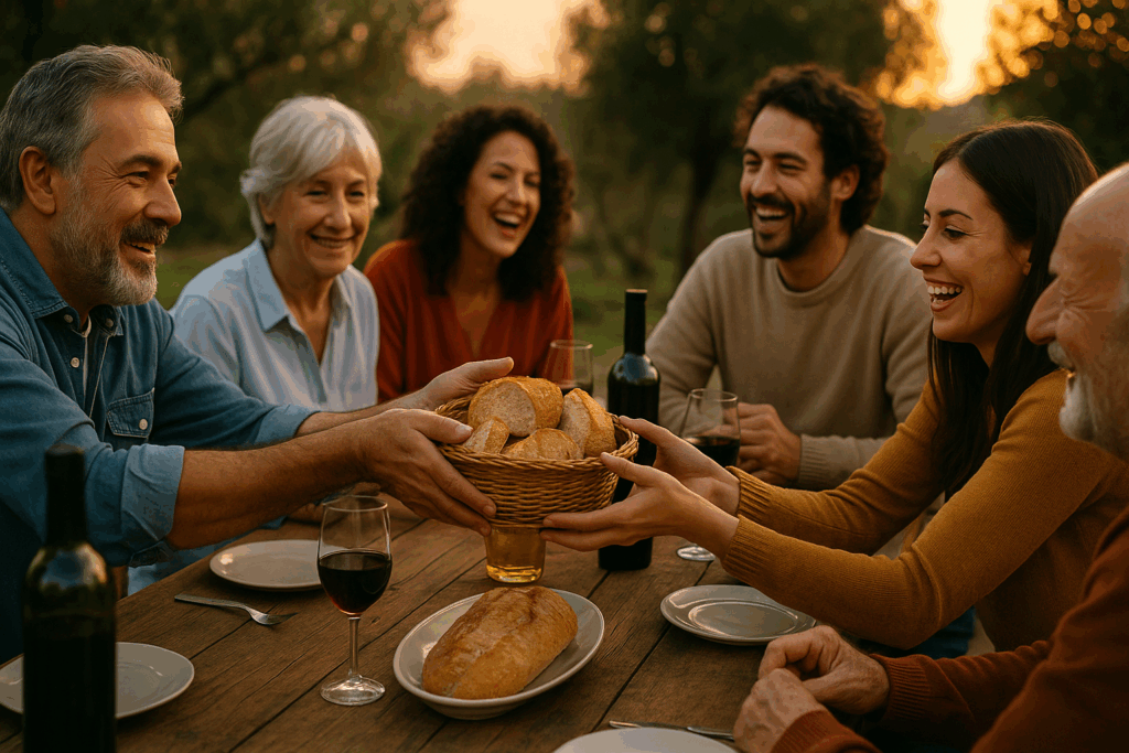 Italian family sharing simple bread at dinner