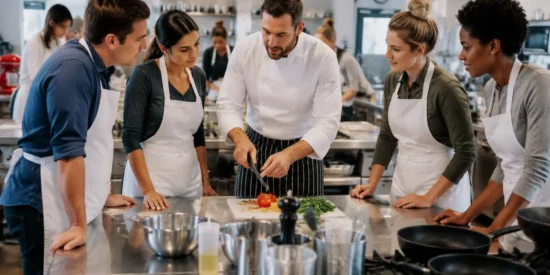 chef explaining in a beginner's cooking class