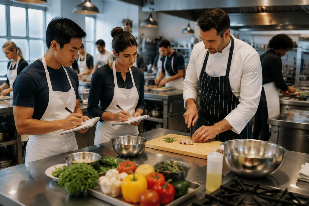 students learning food preparation