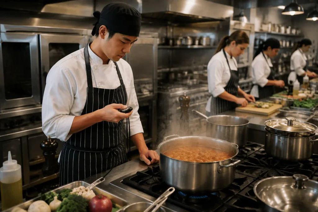 The student is timing the soup as it simmers