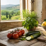 Seasonal Italian ingredients arranged on a rustic kitchen table