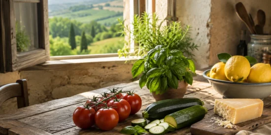 Seasonal Italian ingredients arranged on a rustic kitchen table