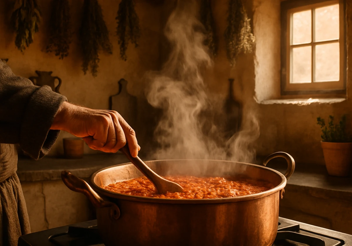 Rustic Italian kitchen with a large copper pot of ragu simmering
