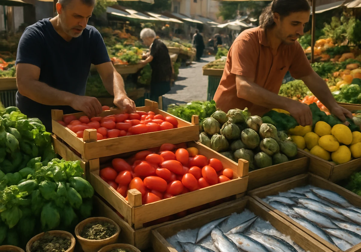 Vibrant farmer's market in Southern Italy on a sunny morning